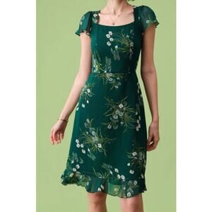 Rihoas Women's Size S Green Sqwuare Neck Backless Floral Midi Chiffon Dress